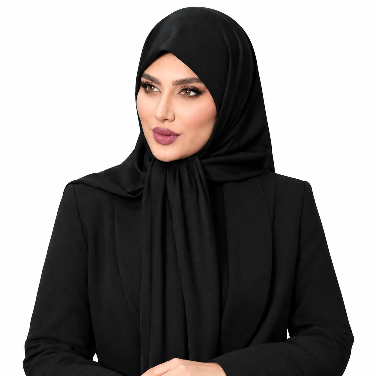 Elegant Black Hijab Studio Portrait (2) روسری محرمی وال ترک مدل منگوله دار - Image 1