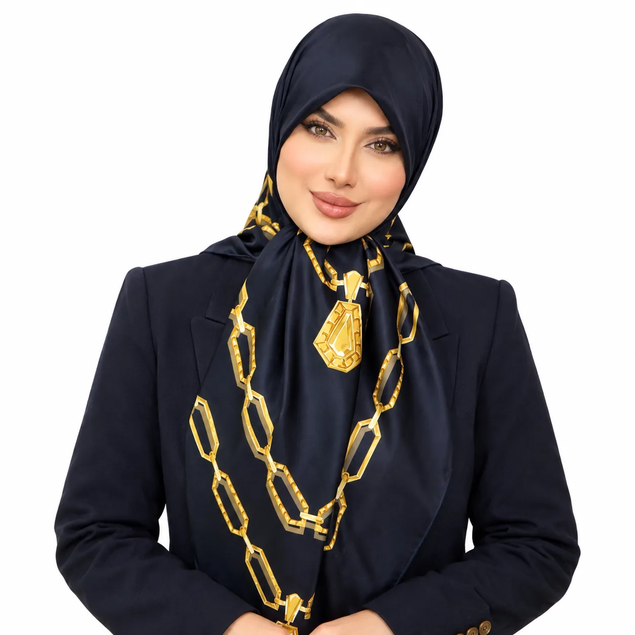 Elegant Gold-Chain Hijab Portrait روسری ابریشم ژاکارد مدل شنل الماس - Image 1
