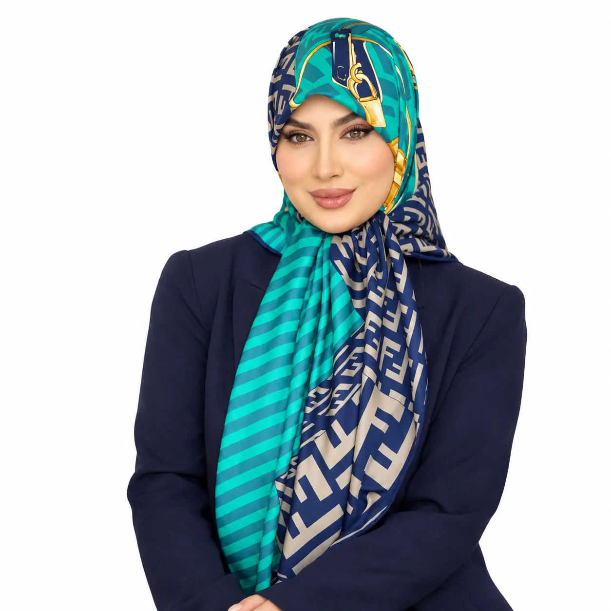 Elegant Teal and Gold Hijab Portrait روسری ابریشم تویل مدل فندی - Image 1