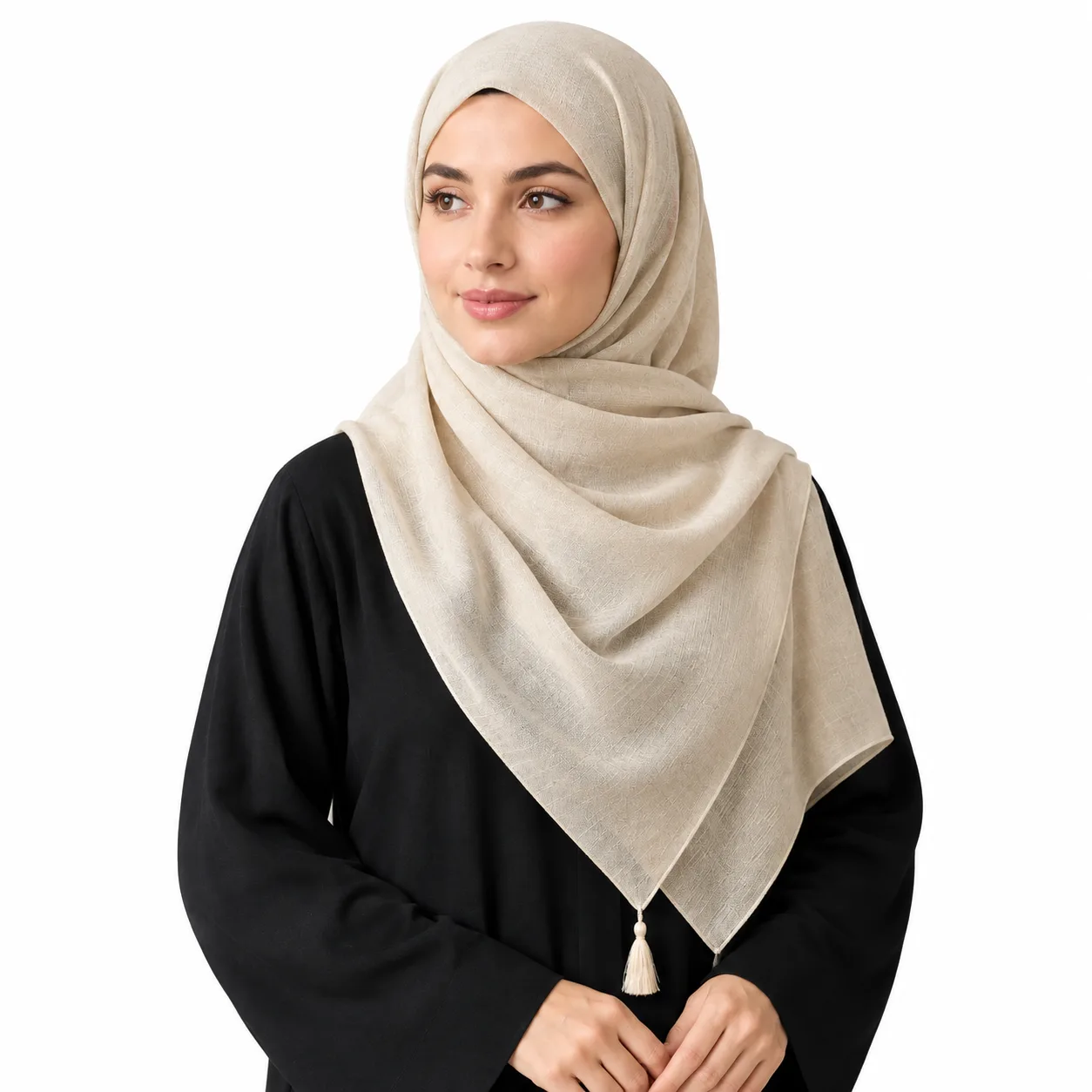 Elegant Beige Hijab Portrait روسری نخی مدل درختی منگوله دار - Image 1