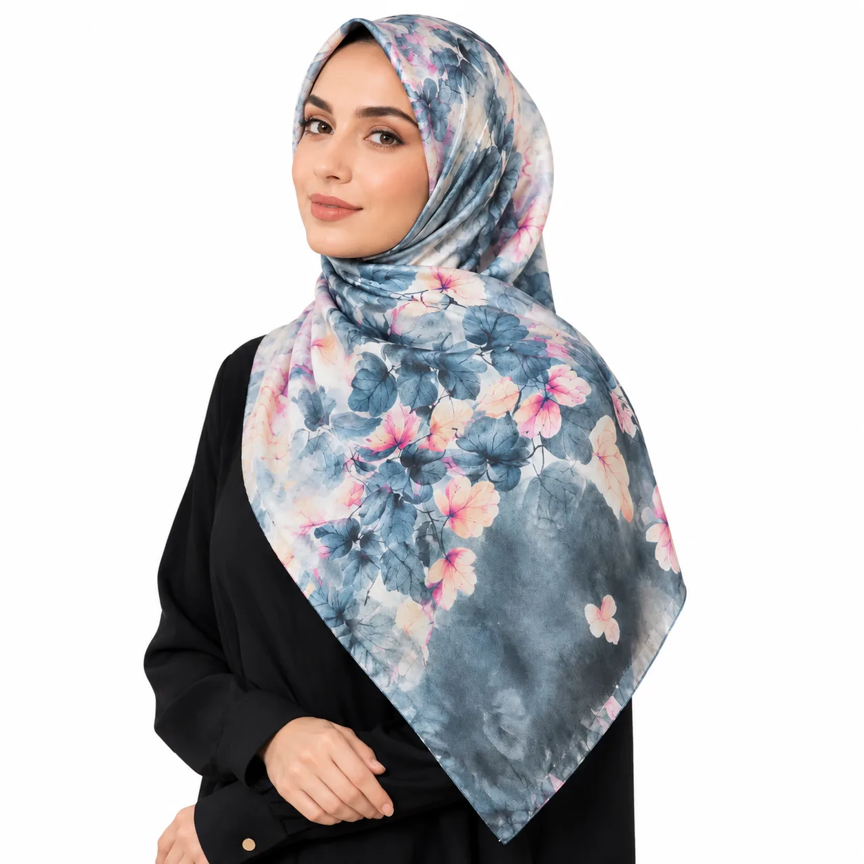 Elegant Floral Hijab Portrait روسری نخی مدل دور دوخت برگ برگی - Image 1