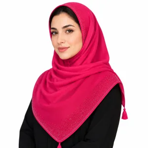 تصویر روسری نخی وارداتی مدل حاشیه نگین منگوله دار