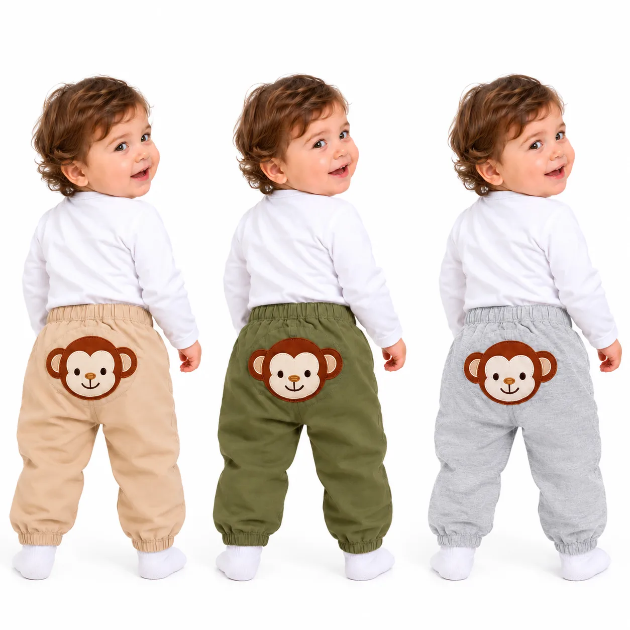 Three Toddlers Showcasing Monkey Patch Pants شلوار تک بچگانه مدل دورس دمپاکش اسپرت مدل میمون وچیون - Image 1